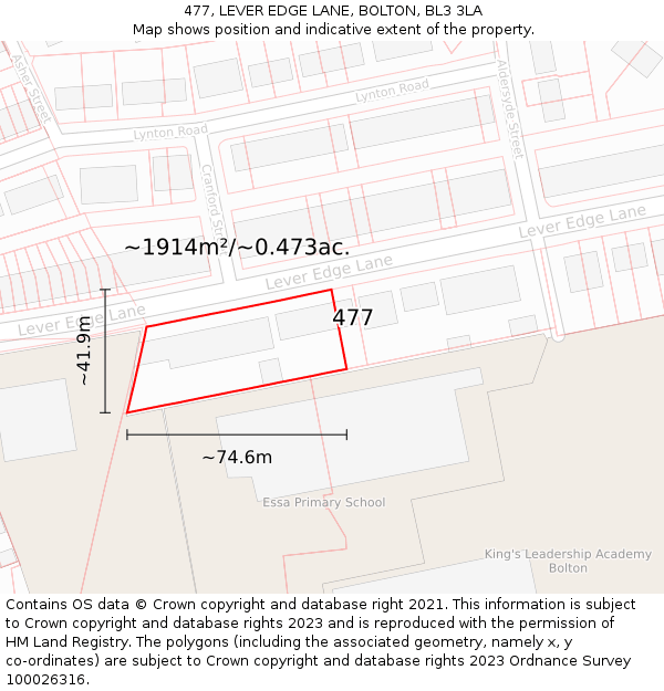 477, LEVER EDGE LANE, BOLTON, BL3 3LA: Plot and title map