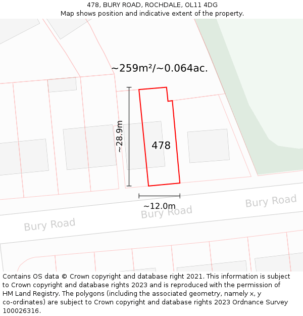 478, BURY ROAD, ROCHDALE, OL11 4DG: Plot and title map