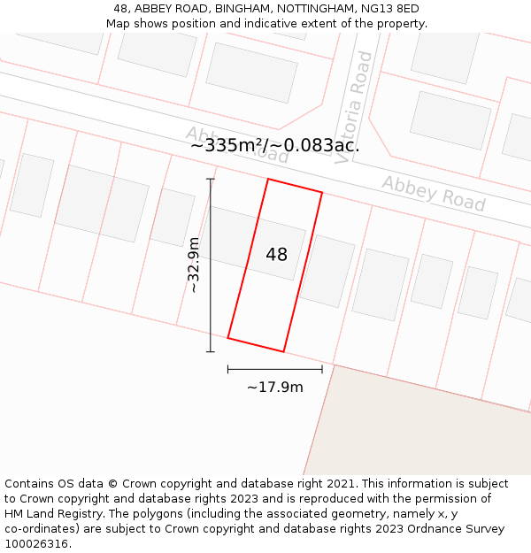 48, ABBEY ROAD, BINGHAM, NOTTINGHAM, NG13 8ED: Plot and title map