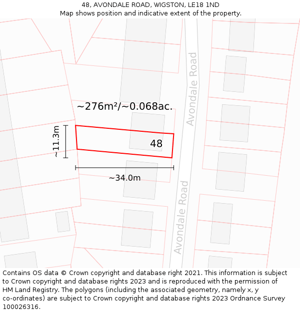 48, AVONDALE ROAD, WIGSTON, LE18 1ND: Plot and title map
