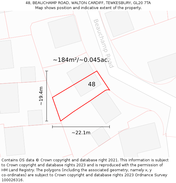 48, BEAUCHAMP ROAD, WALTON CARDIFF, TEWKESBURY, GL20 7TA: Plot and title map