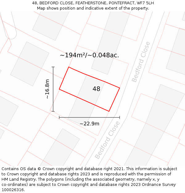 48, BEDFORD CLOSE, FEATHERSTONE, PONTEFRACT, WF7 5LH: Plot and title map