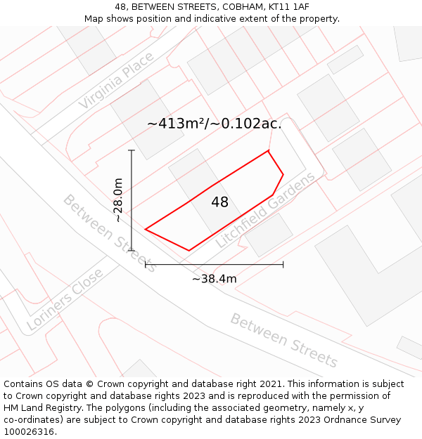 48, BETWEEN STREETS, COBHAM, KT11 1AF: Plot and title map