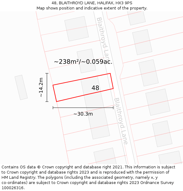 48, BLAITHROYD LANE, HALIFAX, HX3 9PS: Plot and title map