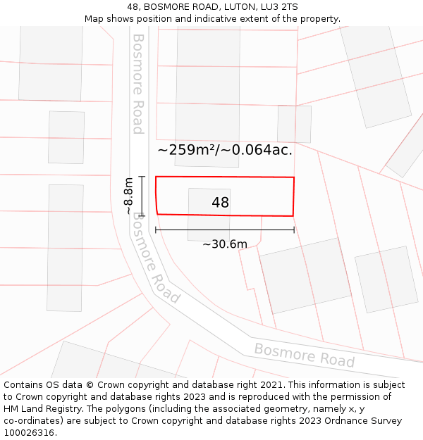 48, BOSMORE ROAD, LUTON, LU3 2TS: Plot and title map