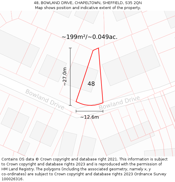 48, BOWLAND DRIVE, CHAPELTOWN, SHEFFIELD, S35 2QN: Plot and title map