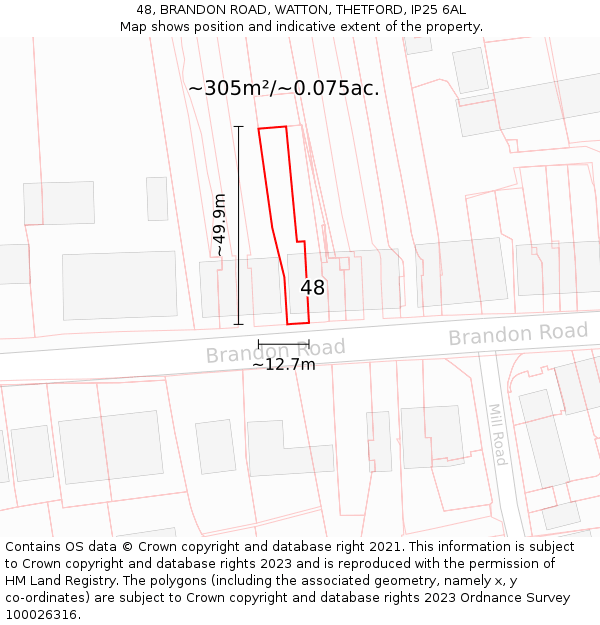 48, BRANDON ROAD, WATTON, THETFORD, IP25 6AL: Plot and title map