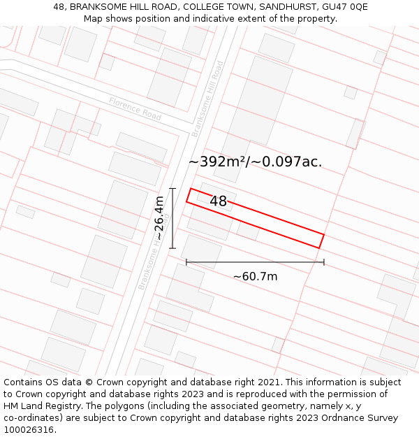 48, BRANKSOME HILL ROAD, COLLEGE TOWN, SANDHURST, GU47 0QE: Plot and title map