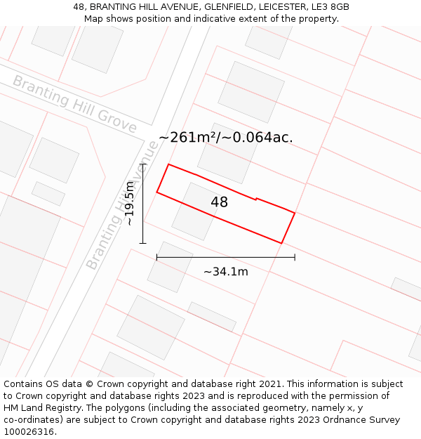 48, BRANTING HILL AVENUE, GLENFIELD, LEICESTER, LE3 8GB: Plot and title map