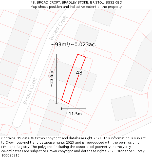 48, BROAD CROFT, BRADLEY STOKE, BRISTOL, BS32 0BD: Plot and title map