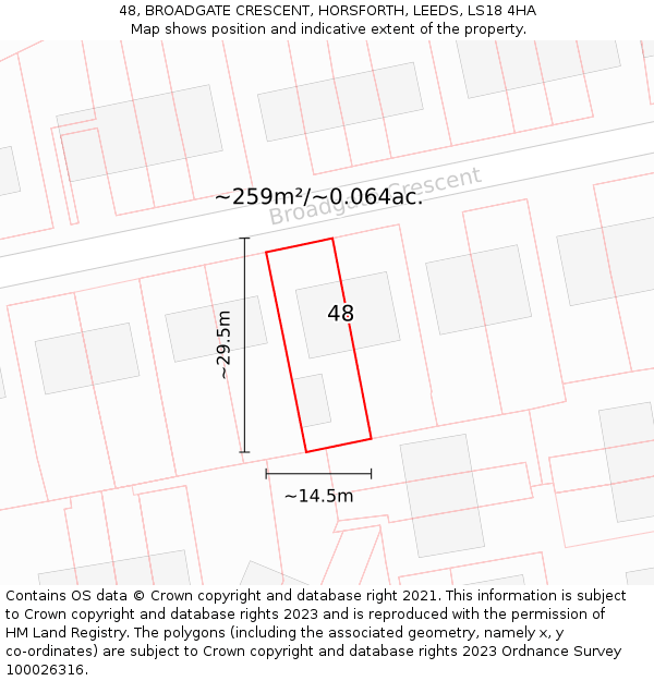 48, BROADGATE CRESCENT, HORSFORTH, LEEDS, LS18 4HA: Plot and title map