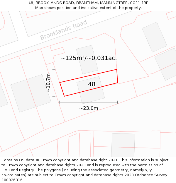 48, BROOKLANDS ROAD, BRANTHAM, MANNINGTREE, CO11 1RP: Plot and title map