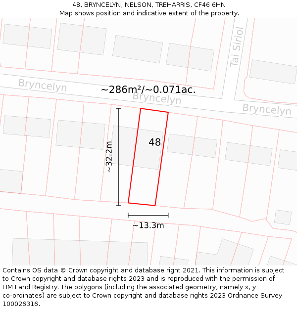 48, BRYNCELYN, NELSON, TREHARRIS, CF46 6HN: Plot and title map