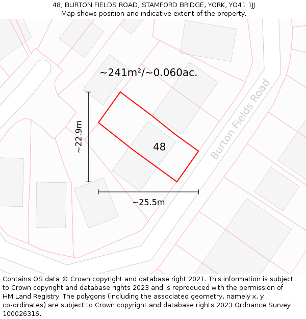 48, BURTON FIELDS ROAD, STAMFORD BRIDGE, YORK, YO41 1JJ: Plot and title map