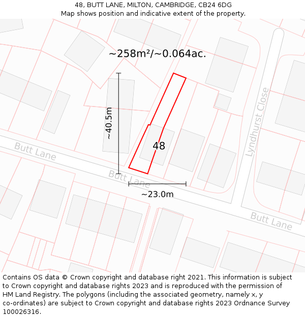 48, BUTT LANE, MILTON, CAMBRIDGE, CB24 6DG: Plot and title map