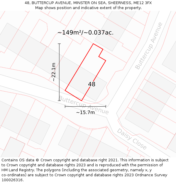 48, BUTTERCUP AVENUE, MINSTER ON SEA, SHEERNESS, ME12 3FX: Plot and title map