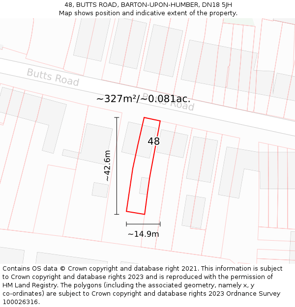 48, BUTTS ROAD, BARTON-UPON-HUMBER, DN18 5JH: Plot and title map
