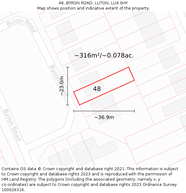 48, BYRON ROAD, LUTON, LU4 0HY: Plot and title map