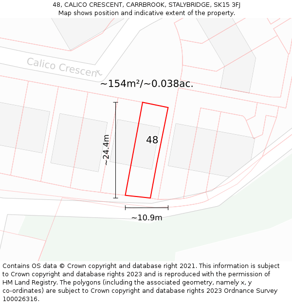 48, CALICO CRESCENT, CARRBROOK, STALYBRIDGE, SK15 3FJ: Plot and title map
