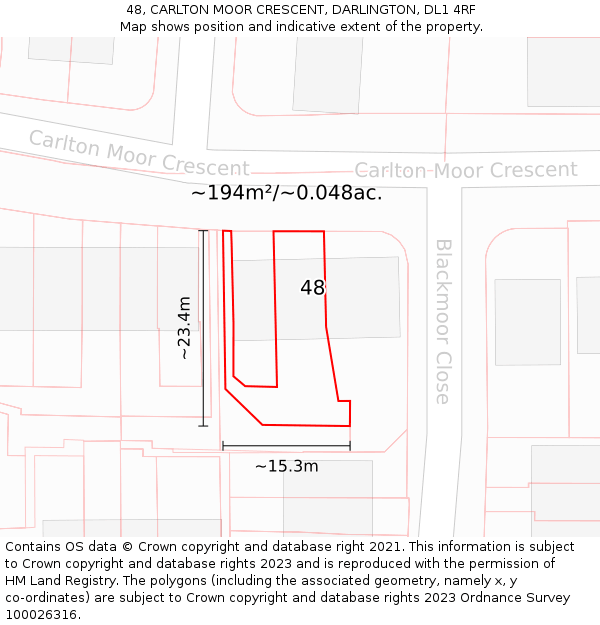 48, CARLTON MOOR CRESCENT, DARLINGTON, DL1 4RF: Plot and title map
