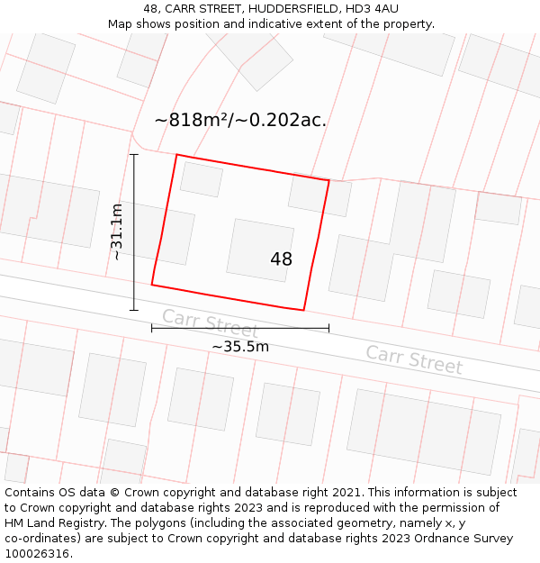 48, CARR STREET, HUDDERSFIELD, HD3 4AU: Plot and title map