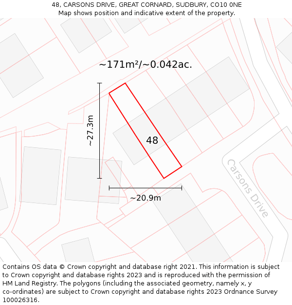 48, CARSONS DRIVE, GREAT CORNARD, SUDBURY, CO10 0NE: Plot and title map