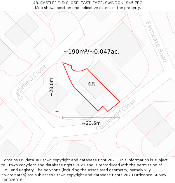48, CASTLEFIELD CLOSE, EASTLEAZE, SWINDON, SN5 7EG: Plot and title map