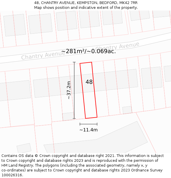 48, CHANTRY AVENUE, KEMPSTON, BEDFORD, MK42 7RR: Plot and title map