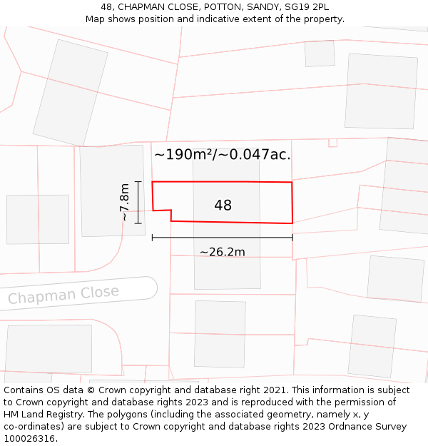 48, CHAPMAN CLOSE, POTTON, SANDY, SG19 2PL: Plot and title map
