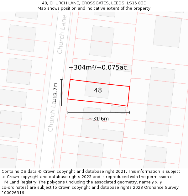 48, CHURCH LANE, CROSSGATES, LEEDS, LS15 8BD: Plot and title map