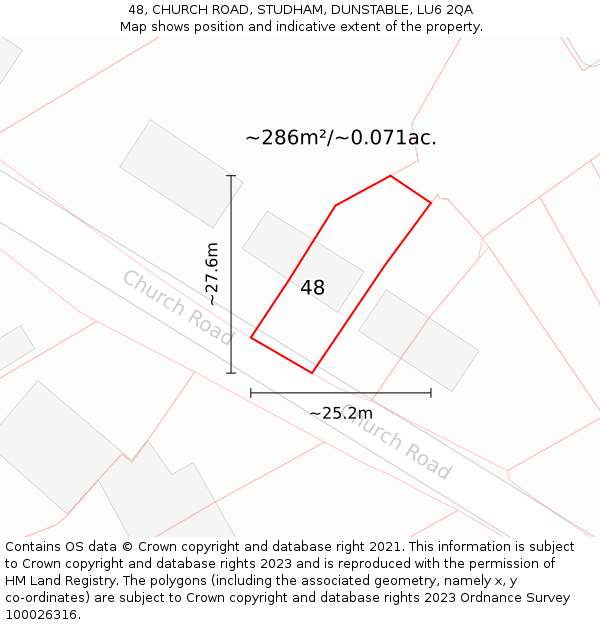 48, CHURCH ROAD, STUDHAM, DUNSTABLE, LU6 2QA: Plot and title map