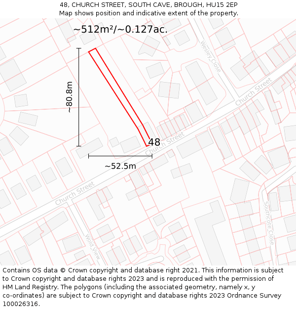 48, CHURCH STREET, SOUTH CAVE, BROUGH, HU15 2EP: Plot and title map