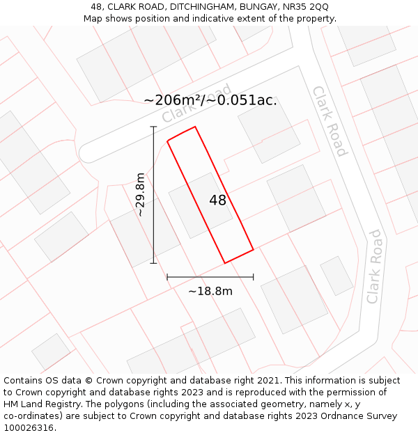 48, CLARK ROAD, DITCHINGHAM, BUNGAY, NR35 2QQ: Plot and title map