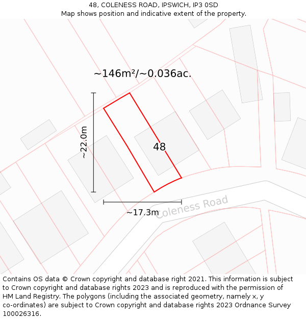 48, COLENESS ROAD, IPSWICH, IP3 0SD: Plot and title map