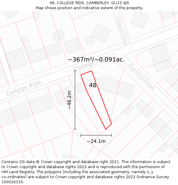 48, COLLEGE RIDE, CAMBERLEY, GU15 4JS: Plot and title map