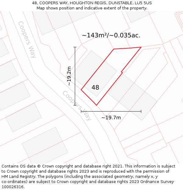 48, COOPERS WAY, HOUGHTON REGIS, DUNSTABLE, LU5 5US: Plot and title map