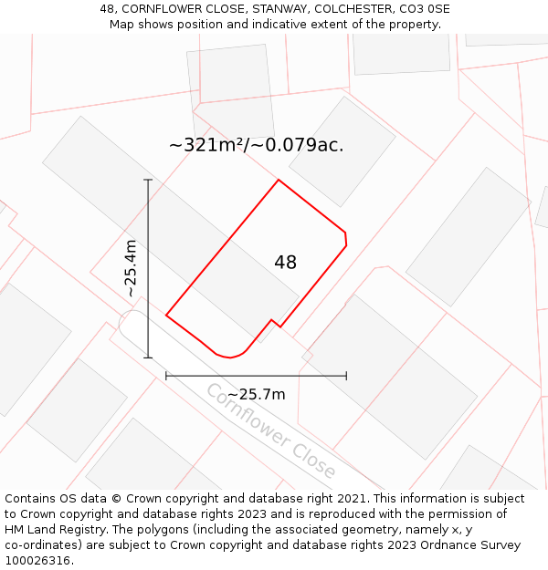 48, CORNFLOWER CLOSE, STANWAY, COLCHESTER, CO3 0SE: Plot and title map