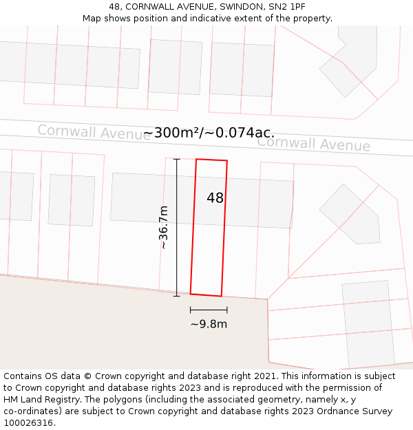 48, CORNWALL AVENUE, SWINDON, SN2 1PF: Plot and title map