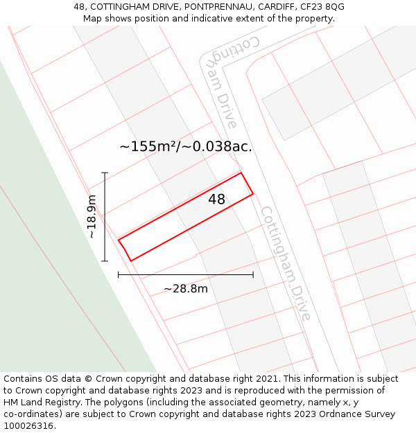 48, COTTINGHAM DRIVE, PONTPRENNAU, CARDIFF, CF23 8QG: Plot and title map
