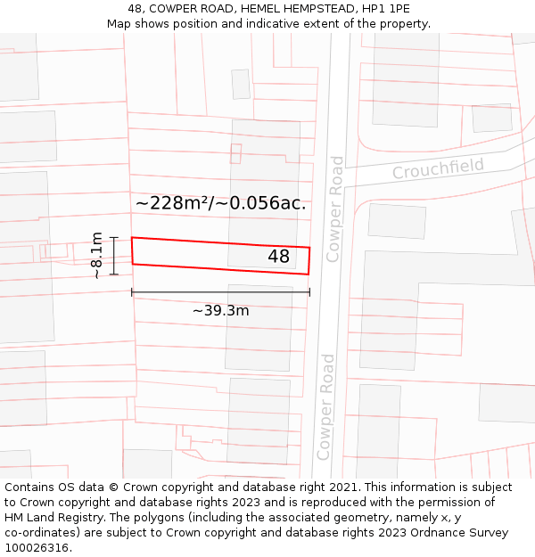 48, COWPER ROAD, HEMEL HEMPSTEAD, HP1 1PE: Plot and title map