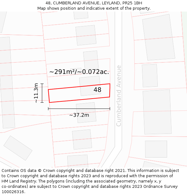 48, CUMBERLAND AVENUE, LEYLAND, PR25 1BH: Plot and title map