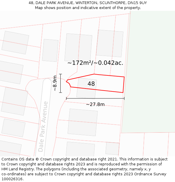 48, DALE PARK AVENUE, WINTERTON, SCUNTHORPE, DN15 9UY: Plot and title map