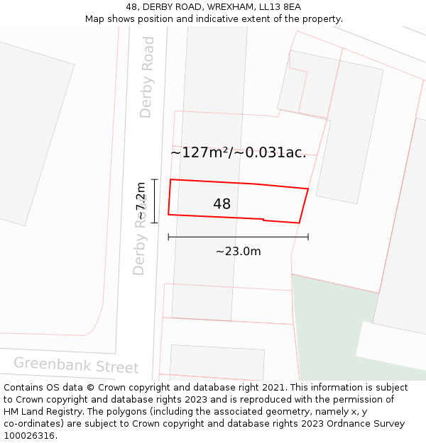 48, DERBY ROAD, WREXHAM, LL13 8EA: Plot and title map