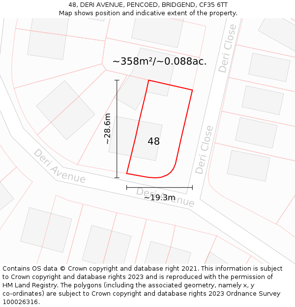 48, DERI AVENUE, PENCOED, BRIDGEND, CF35 6TT: Plot and title map