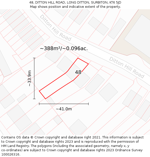 48, DITTON HILL ROAD, LONG DITTON, SURBITON, KT6 5JD: Plot and title map