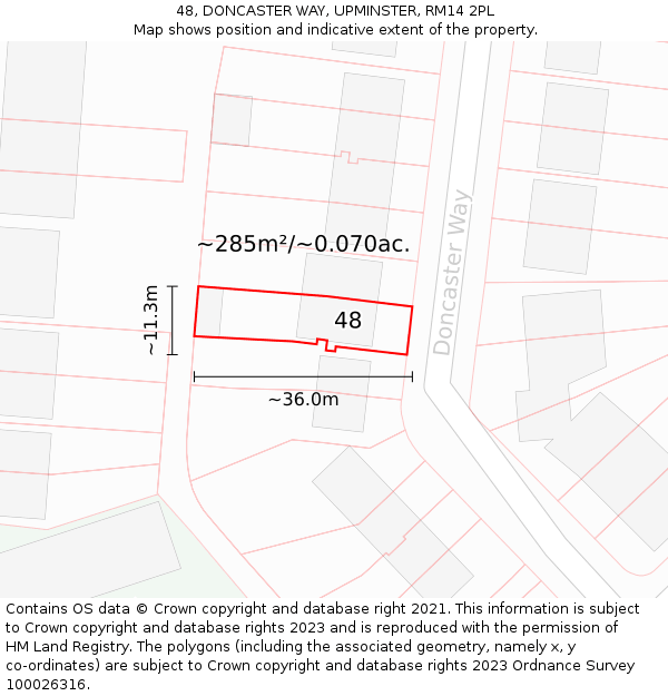 48, DONCASTER WAY, UPMINSTER, RM14 2PL: Plot and title map