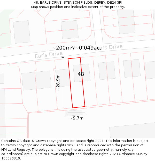 48, EARLS DRIVE, STENSON FIELDS, DERBY, DE24 3FJ: Plot and title map