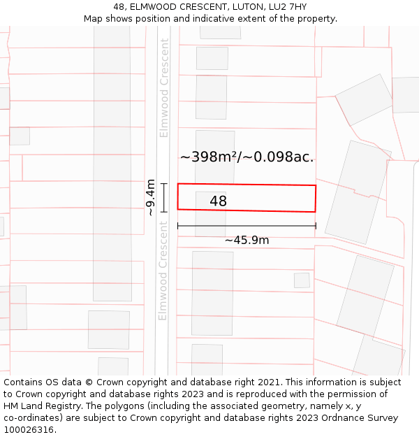 48, ELMWOOD CRESCENT, LUTON, LU2 7HY: Plot and title map