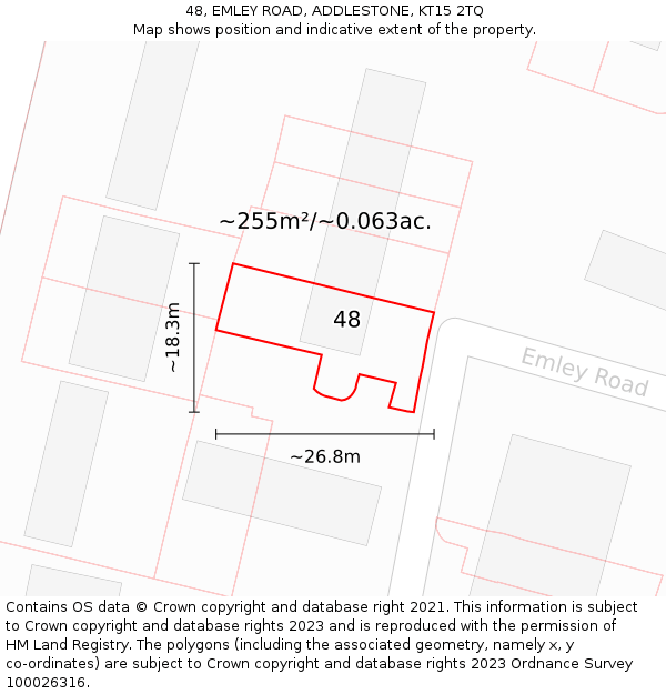 48, EMLEY ROAD, ADDLESTONE, KT15 2TQ: Plot and title map