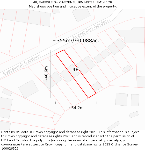 48, EVERSLEIGH GARDENS, UPMINSTER, RM14 1DR: Plot and title map